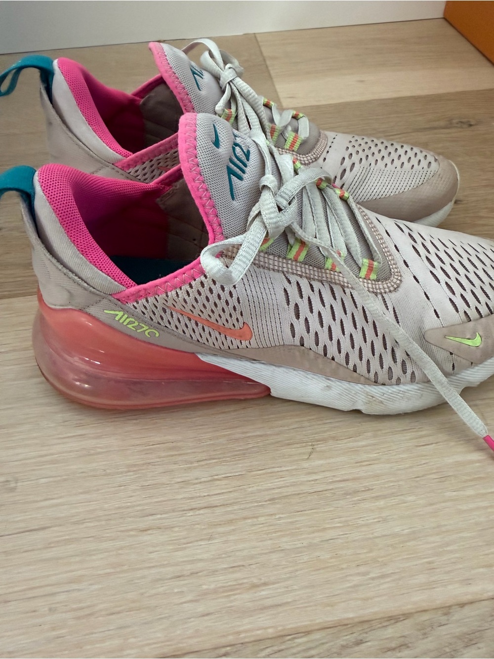 Nike Women’s Air Max 270 Sneakers - Beige with Pink & Teal Accents